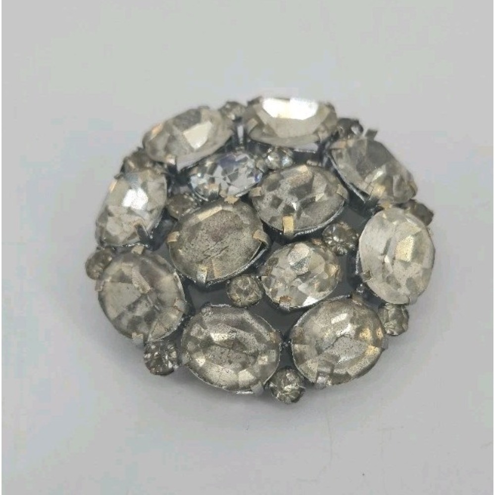 Czecho Vintage Clear Crystal Rhinestone Domed Brooch Prong Set Czech 1.75" Round